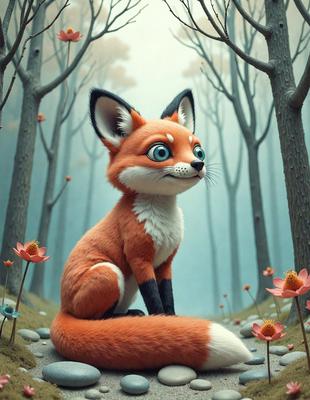 The primary subject of the image is a cartoon fox sitting on a rock in a forest. The setting is a forest with trees in the background. The visual style is digital art, as the fox appears to be a character from a video game or animated show. The colors and mood of the image are vibrant and lively, with the red fox standing out against the green forest and the pink flowers surrounding it.